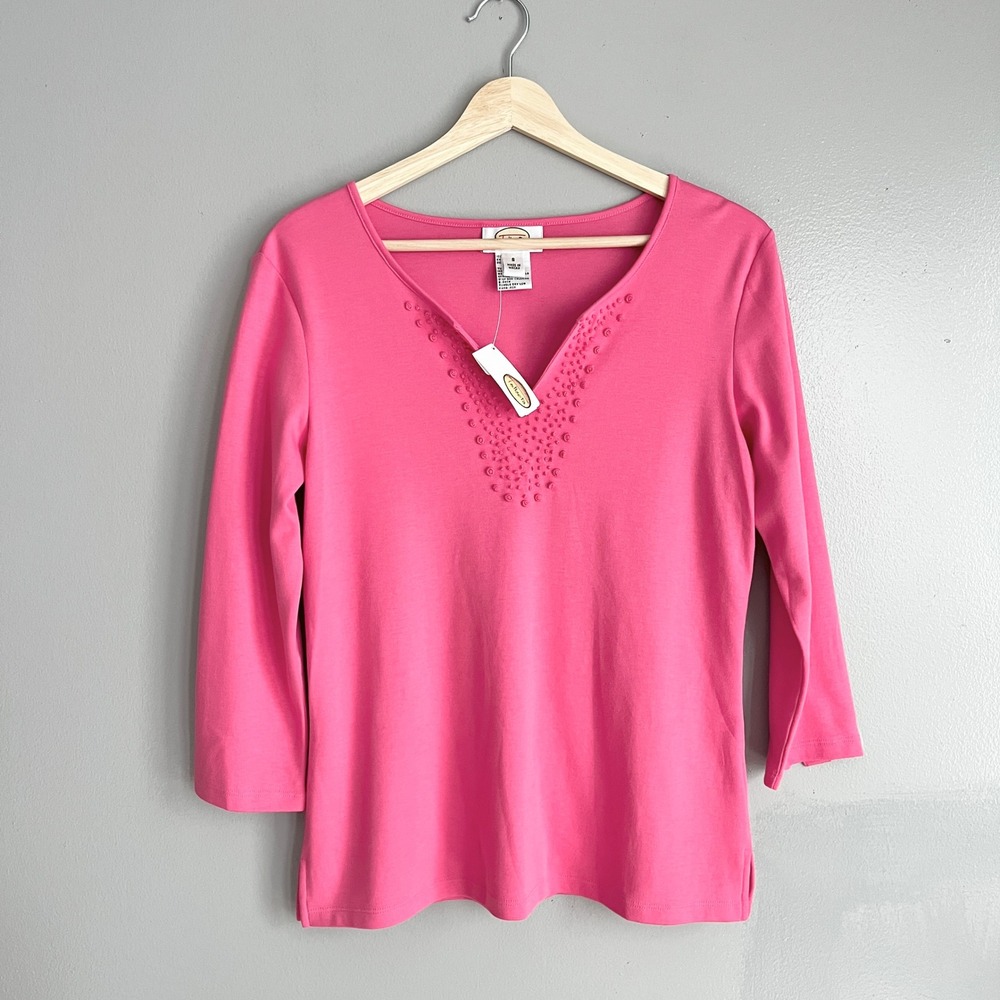 Talbots Knit Top Pink 3/4 Sleeve Embroidered V-Neck Vintage Preppy Classic
